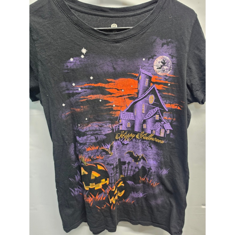 Way to Celebrate Halloween Graphic Tee Black Haunted House Pumpkin Girls Large